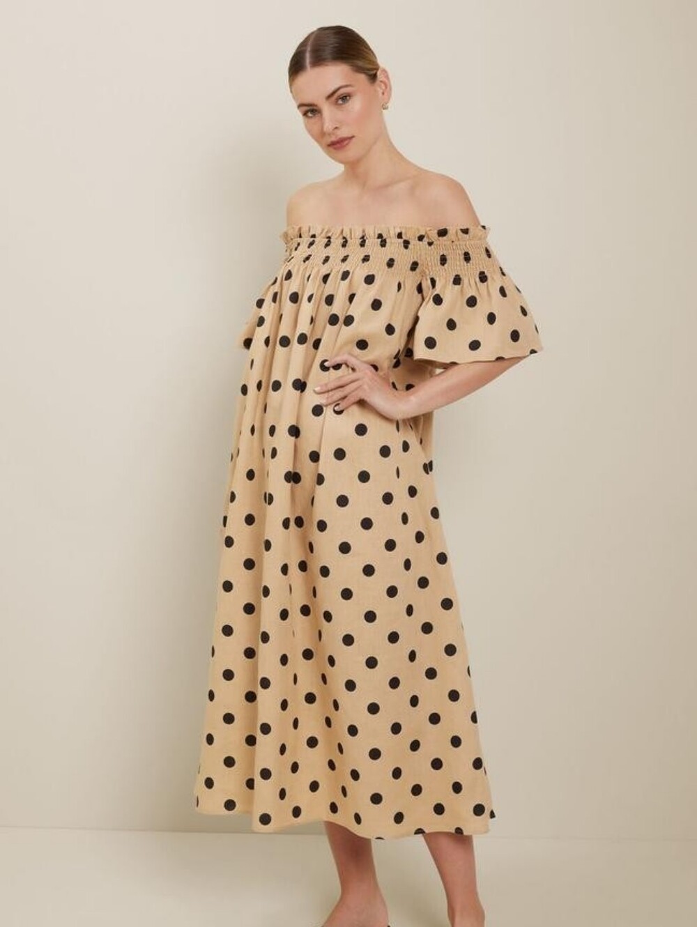 Seed Heritage | Spot Linen Off-the-Shoulder Midi Dress